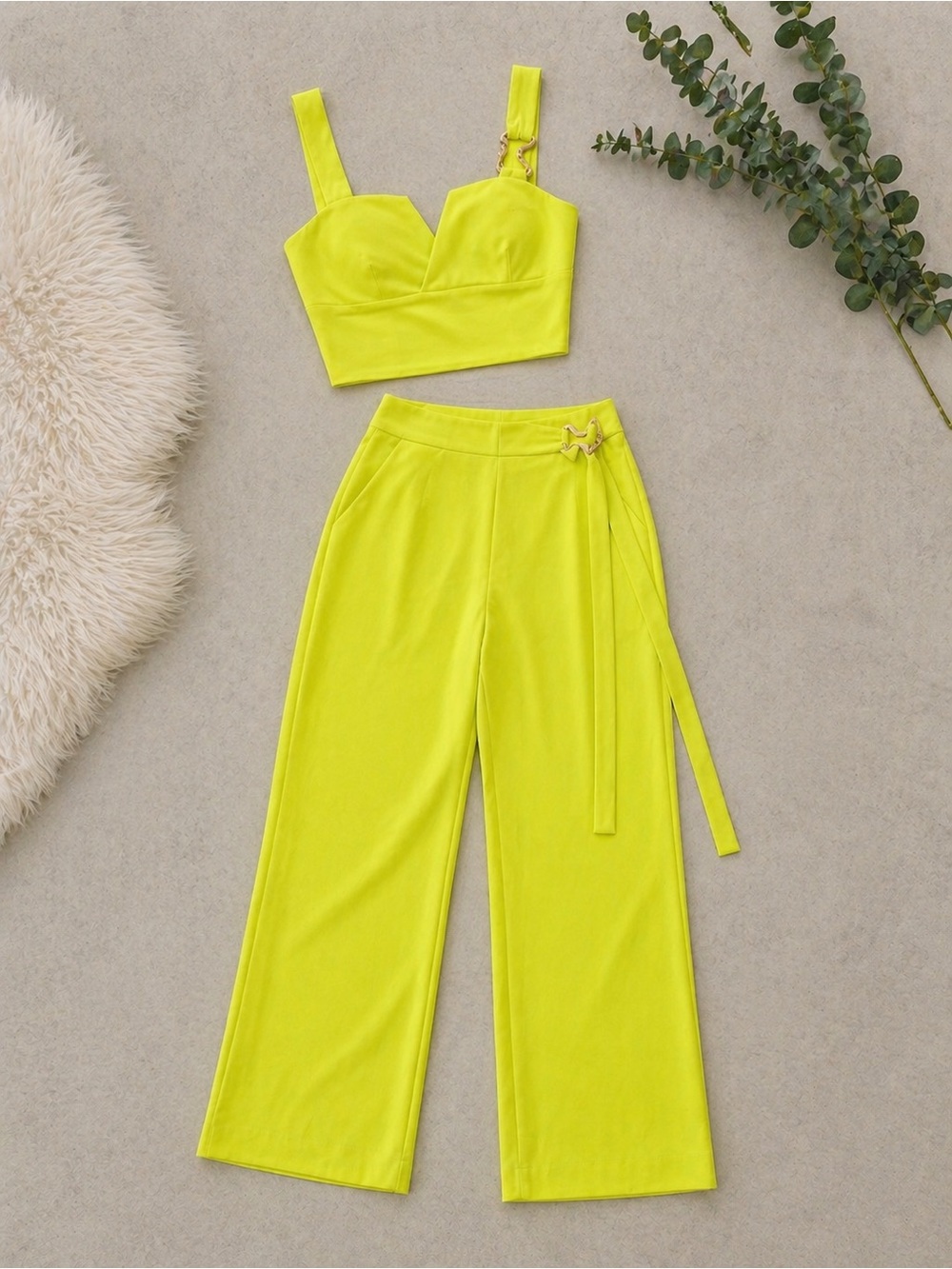 Women’s Neon Lime Two-Piece Crop Top & Wide-Leg Pants Set